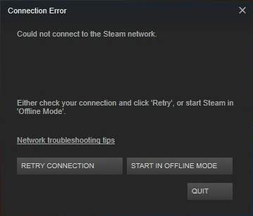 Failed to Connect to Steam screen inside the app
