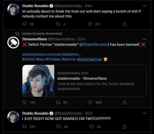 StableRonaldo's Twitter timeline after Twitch ban