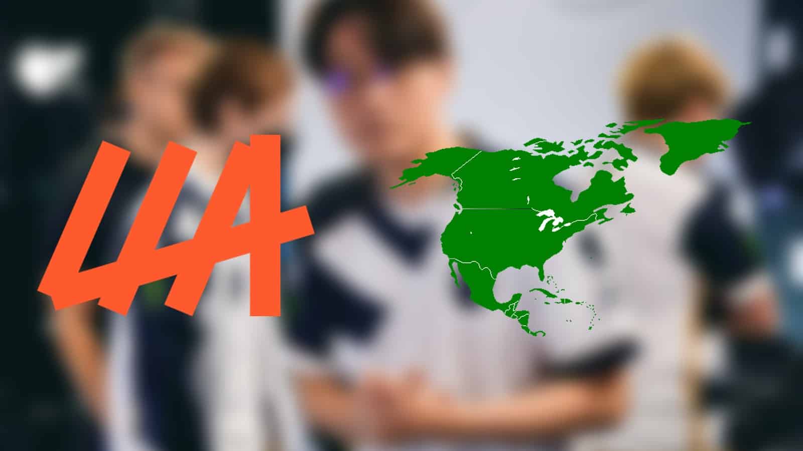 Logo of LLA and map of North America over an image of CoreJJ at Worlds 2021