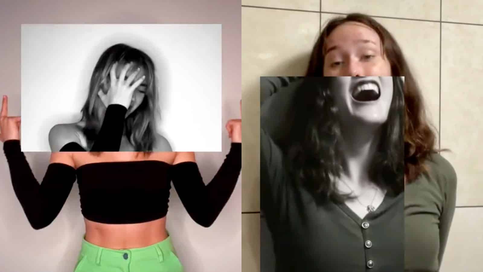 Two TikTok users use the moving green screen effect