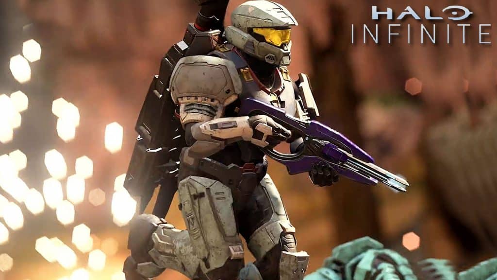 Halo Infinite Multiplayer Spartan Covenant Banished Weapons Explosions Running With Game Logo