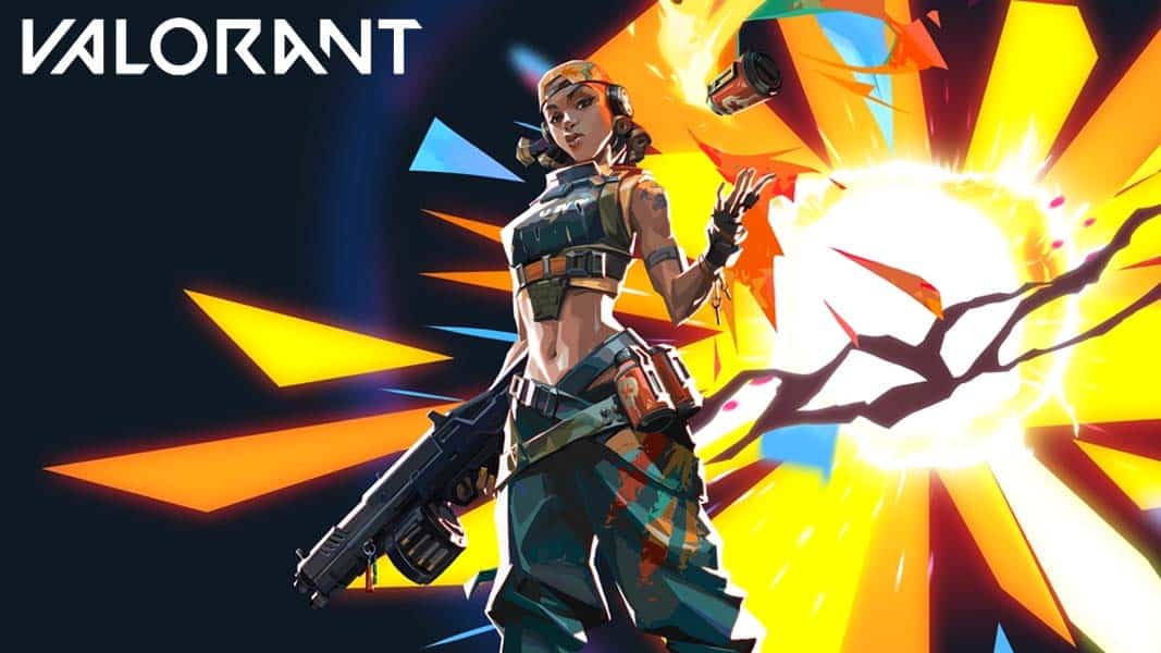 Raze with explosions behind her and Valorant logo