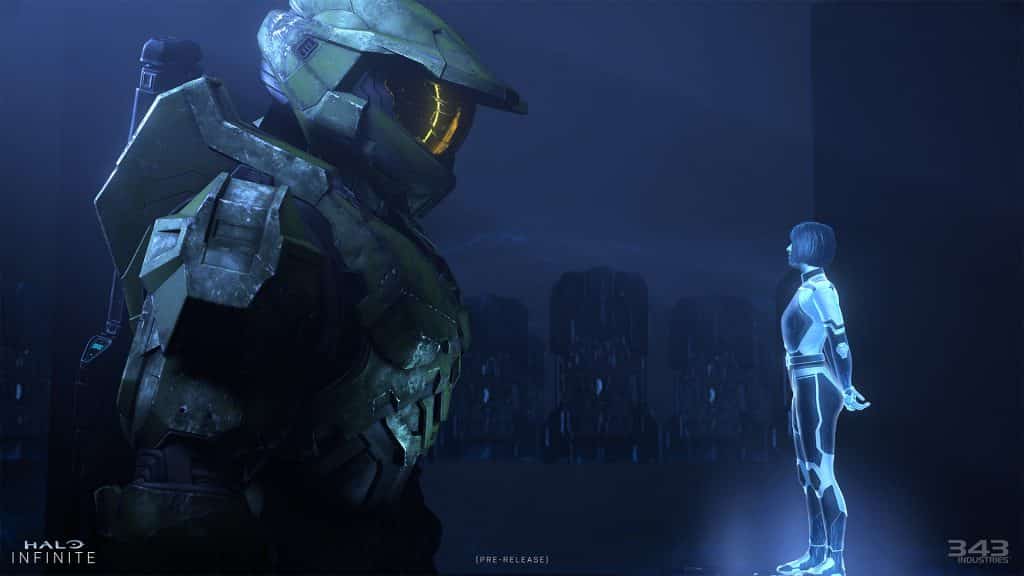 Halo Infinite screenshot showing Master Chief speaking to The Weapon