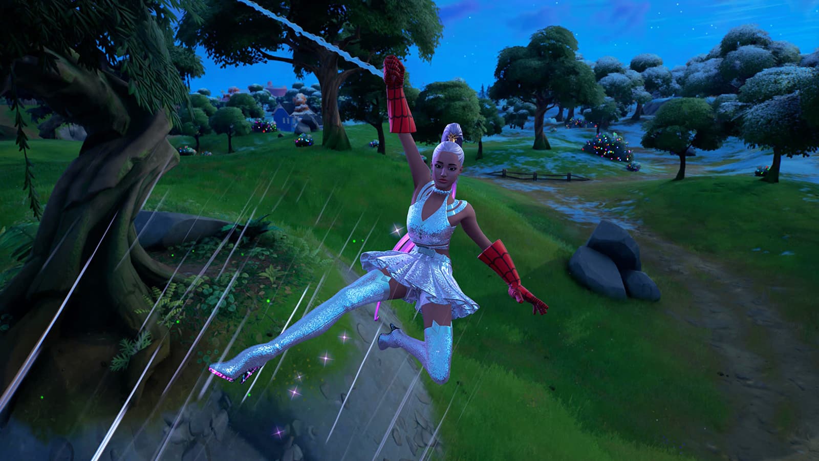 An image showing the Ariana Grande skin web slinging through Fortnite with Spider-Man's Web-Shooters