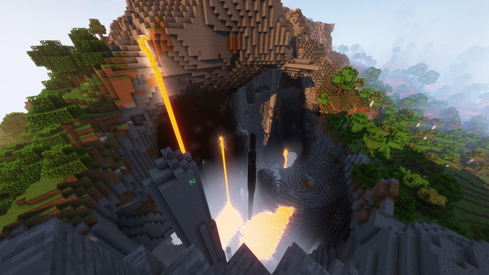 A mountain featuring a deep cave with lava