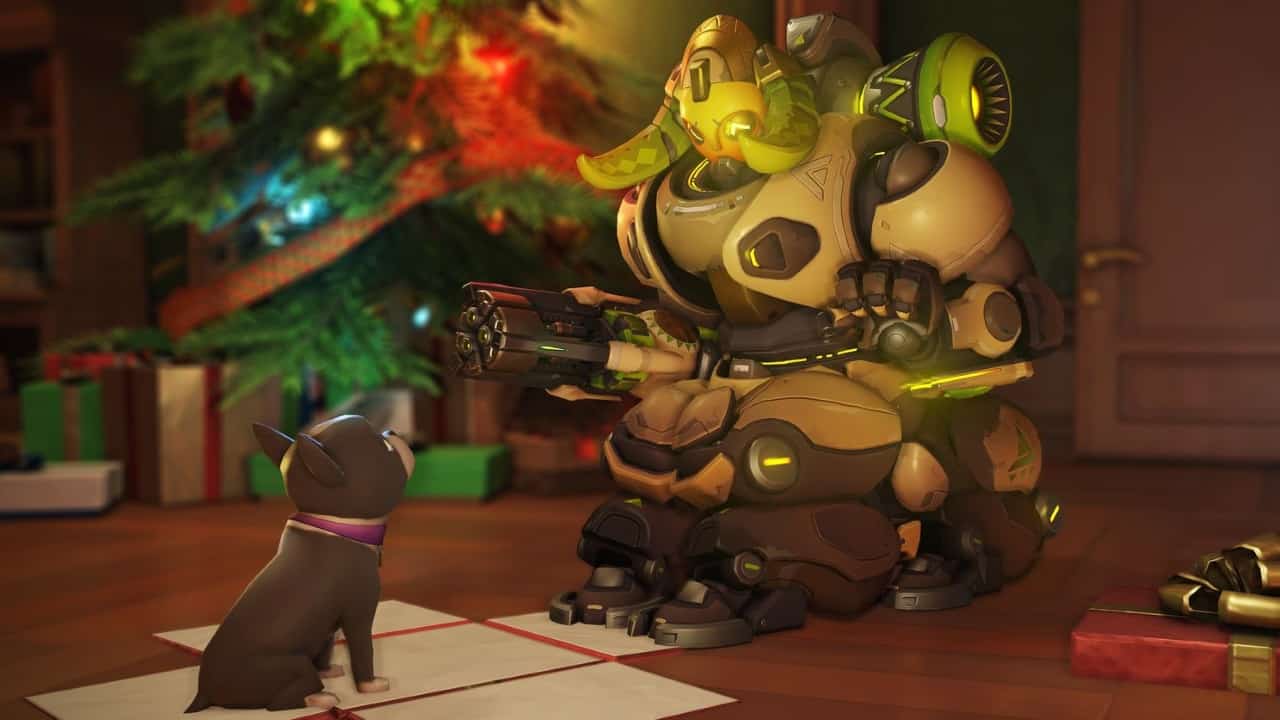 overwatch orisa sitting with a dog on christmas