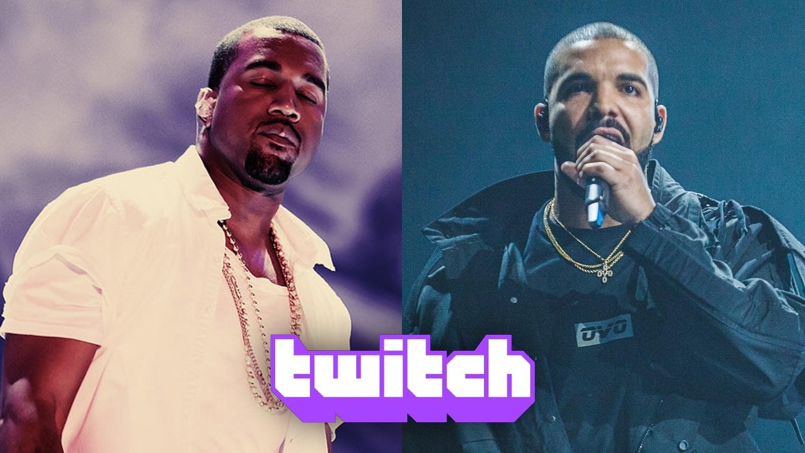 Kanye West and Drake in concert with Twitch logo