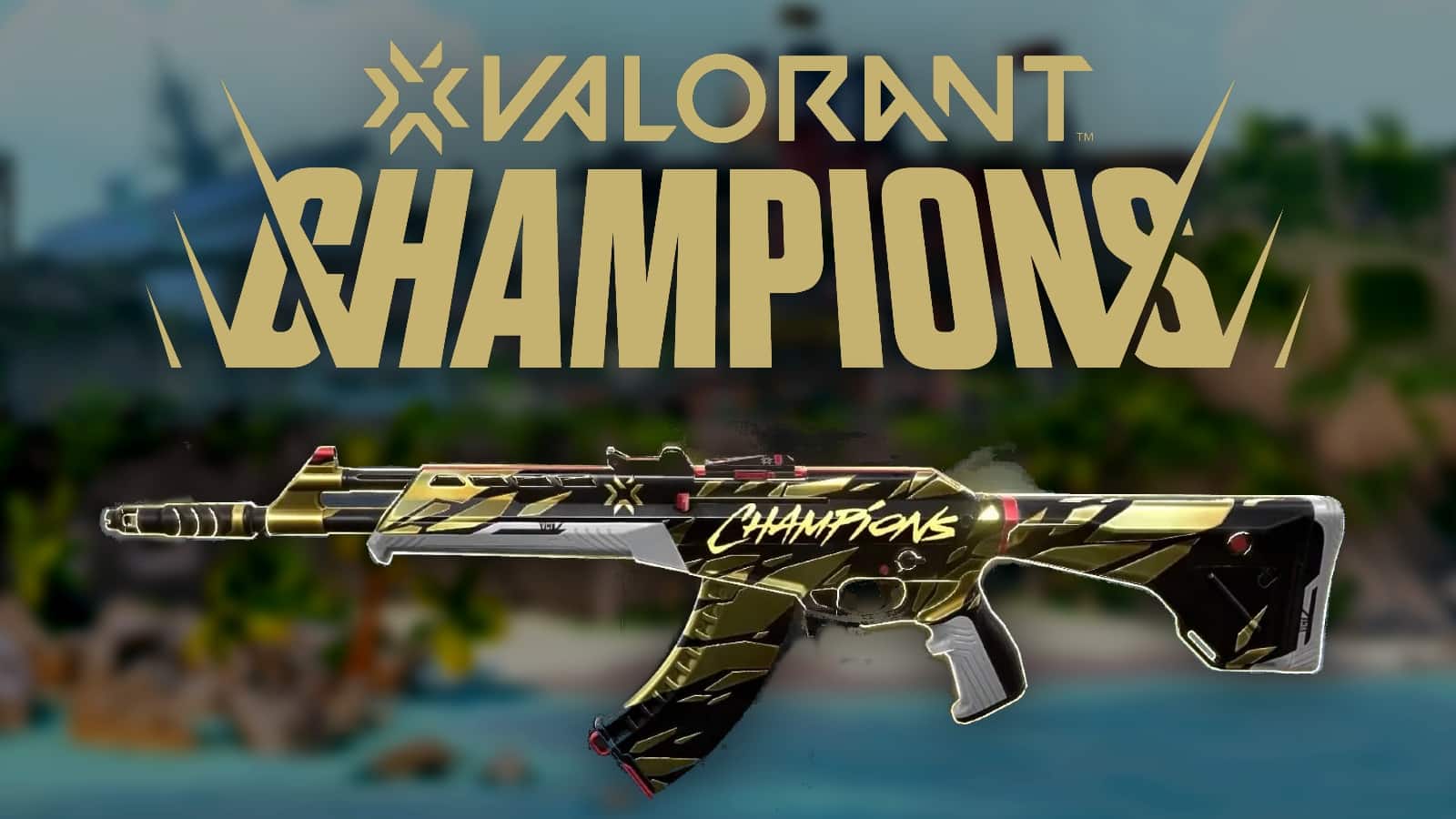 Valorant breeze map blurred with Champions Logo and Vandal