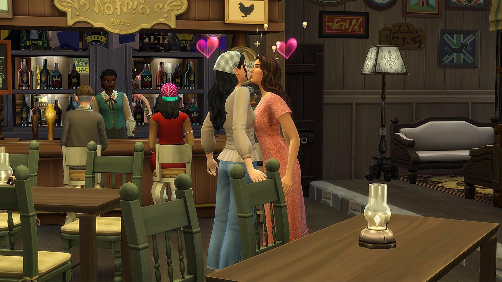 A gay couple kissing in The Sims 4
