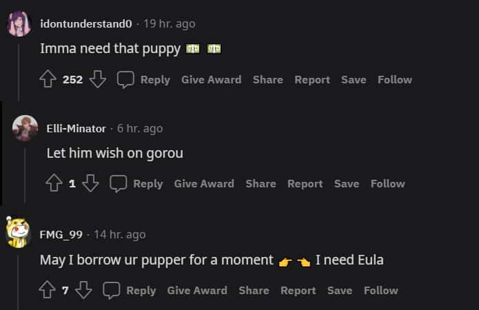 Genshin Impact fans react to pet dog pulling Eula on Reddit