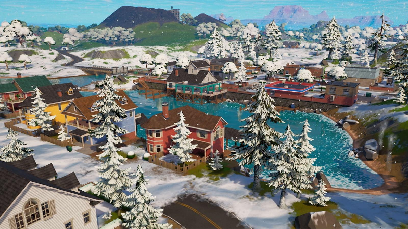 The Fortnite map covered in snow following the 19.01 update