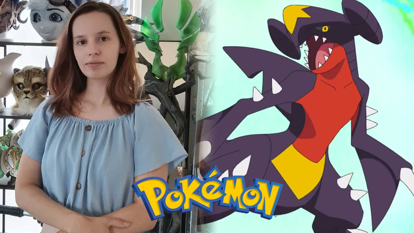 Pokemon Cosplayer Willow Creative next to a picture of Garchomp