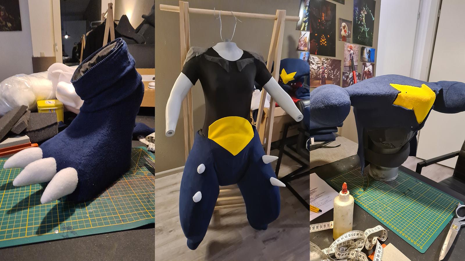 Pieces of Willow Creative's Garchomp cosplay from Pokemon