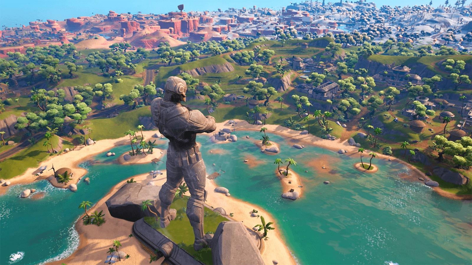 A statue of The Foundation looking over the Fortnite Chapter 3 Season 1 Island