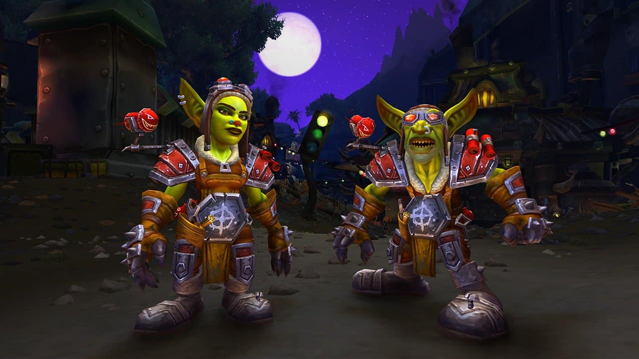 world of warcraft wow two goblins stand against a moonlight sky wearing heritage armor
