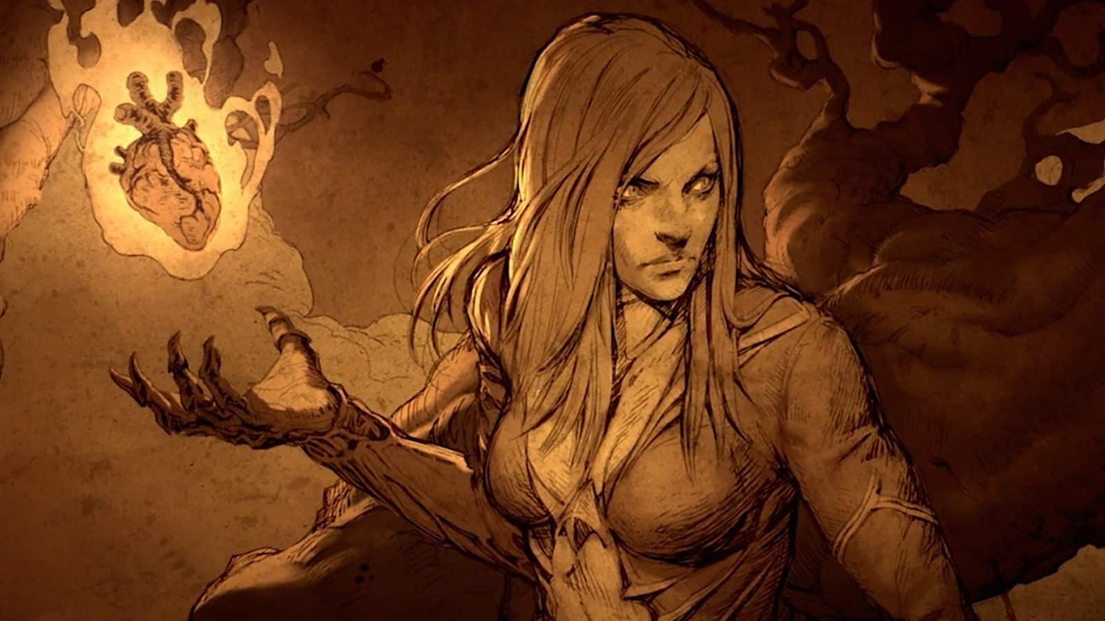 Artwork of Diablo 3's female Necromancer holding a flaming heart phylactery