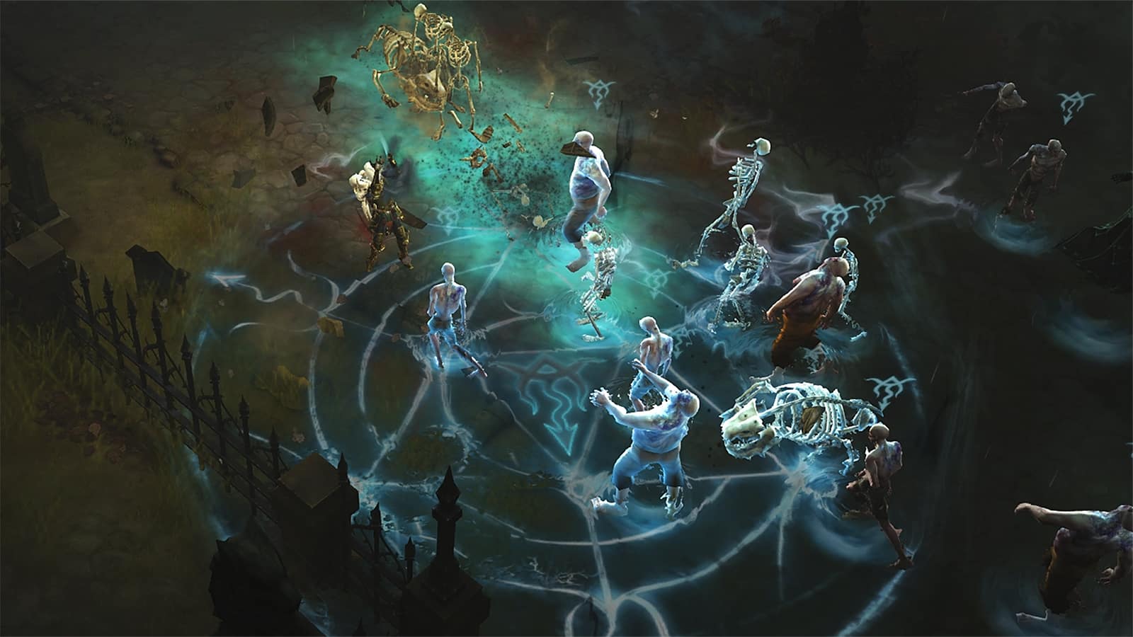 A screenshot showing gameplay of Diablo 3's Necromancer using Decrepify