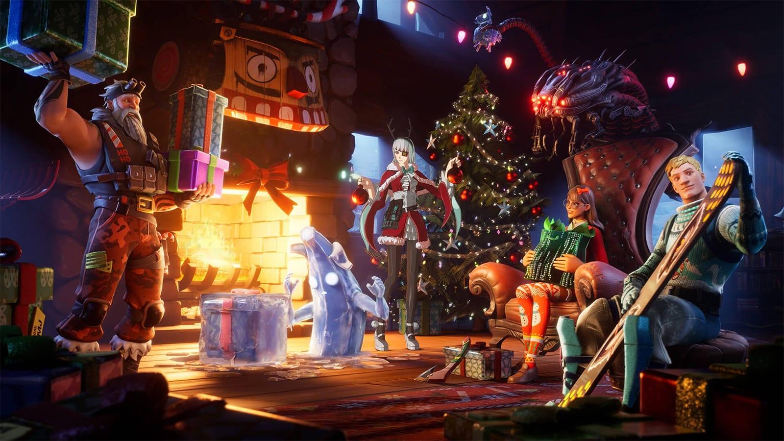 Fortnite characters opening presents during Winterfest 2021