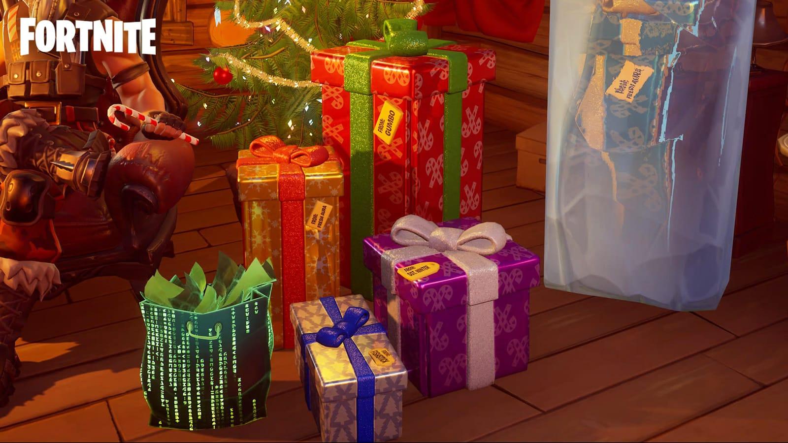 A screenshot of Fortnite Winterfest 2021 presents and what's inside them