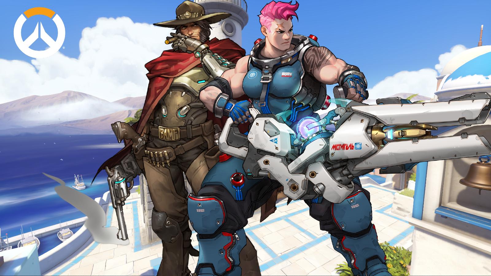 overwatch cassidy and zarya stand on ilios lighthouse background