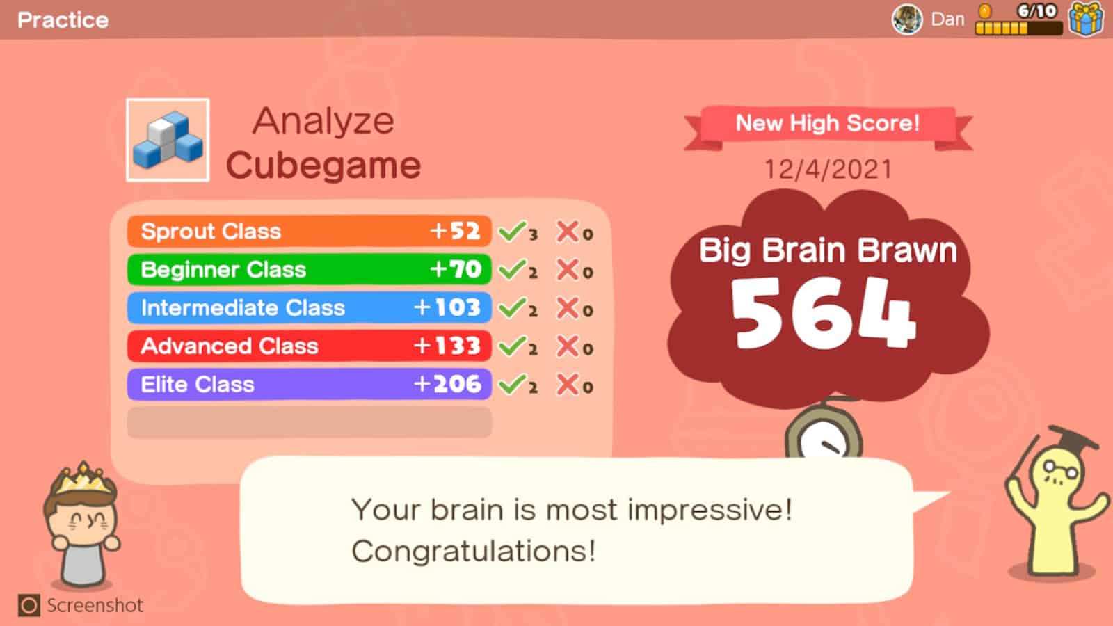 A high score in Big Brain Academy Brain vs Brain
