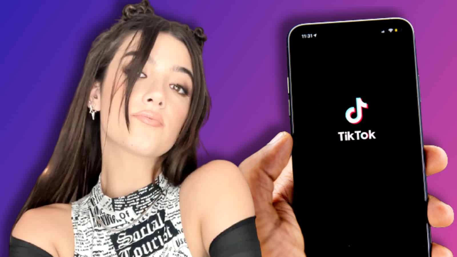 Charli D'Amelio next to a phone with a TikTok logo