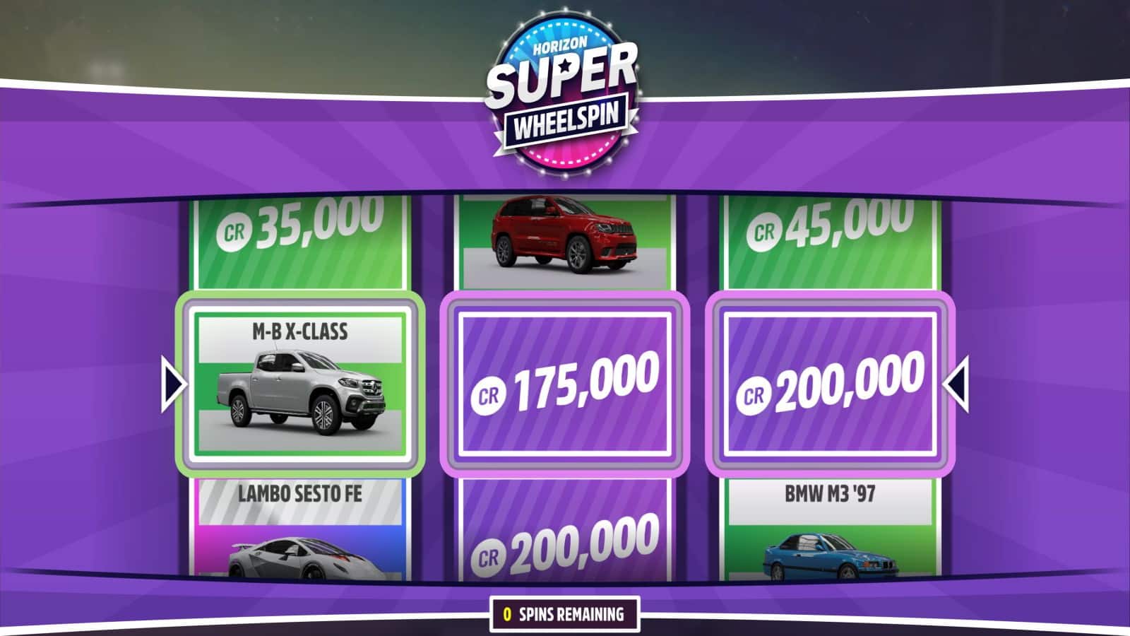 The Forza Horizon Super Wheelspin menu allows players a chance for some free gear