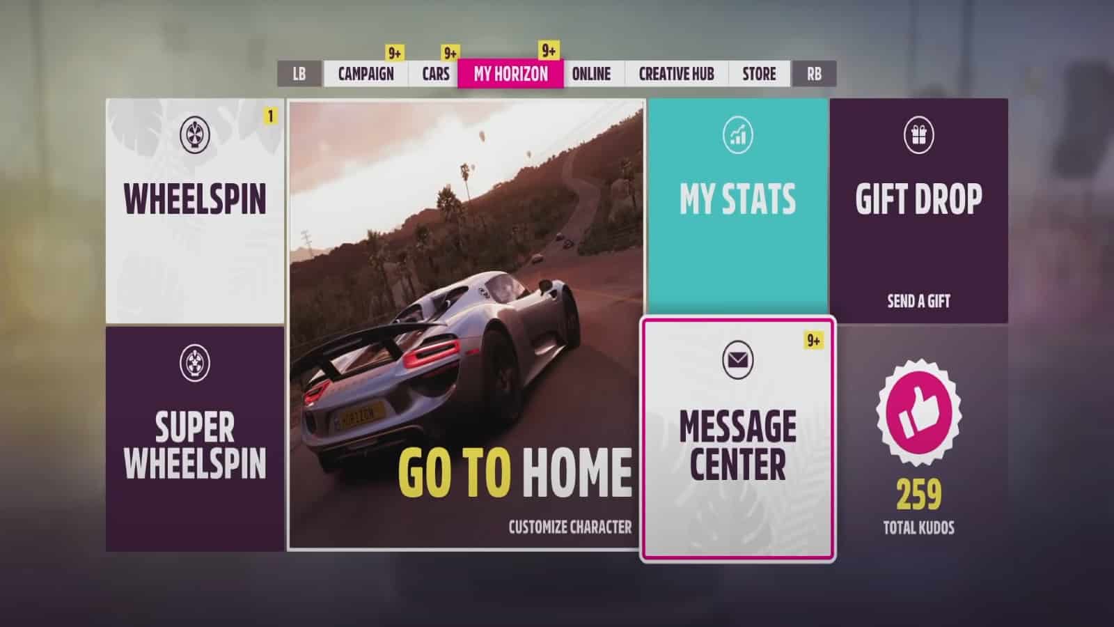 Forza Horizon 5's main menu shows where to access the Message Center