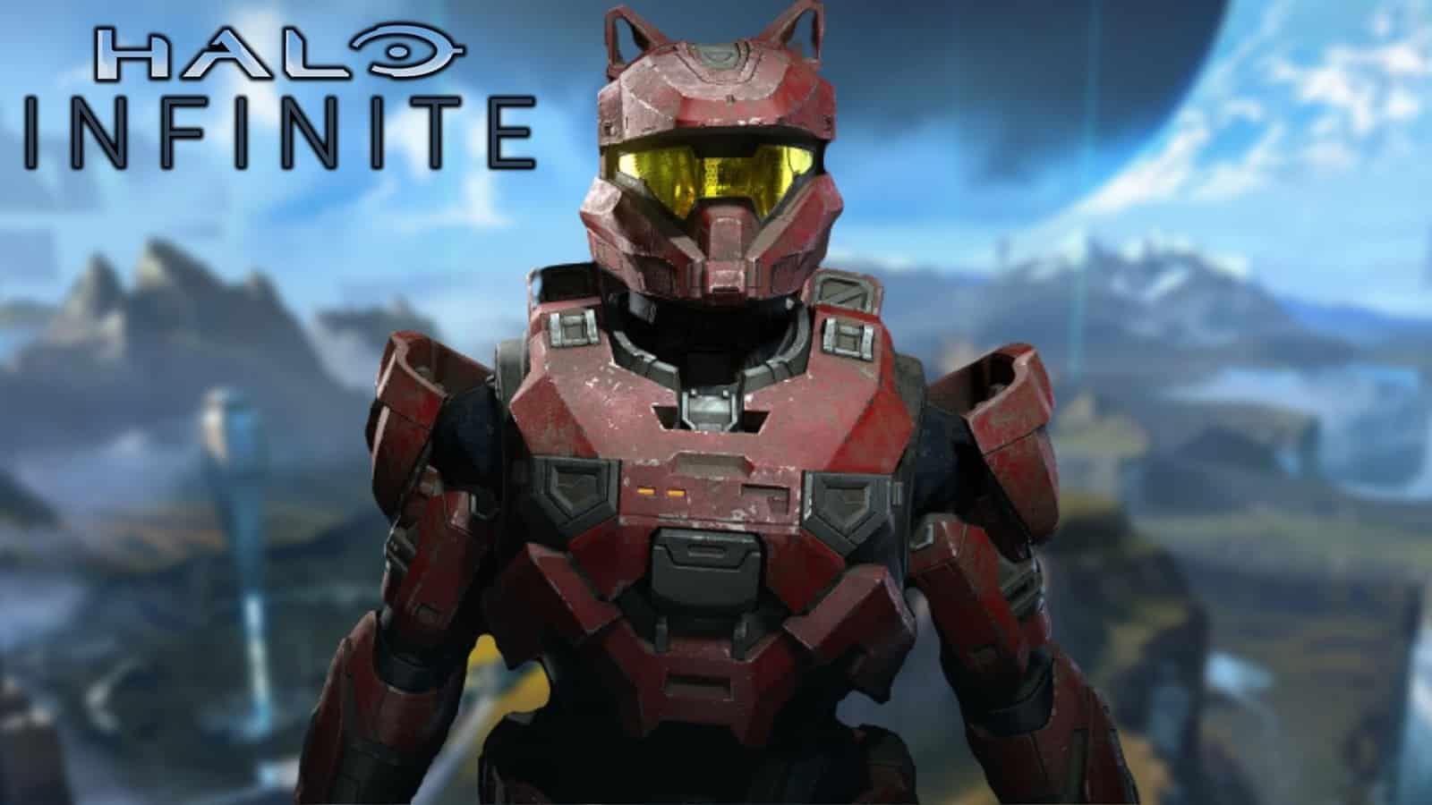 Halo Infinite Spartan wearing the cat ears helmet