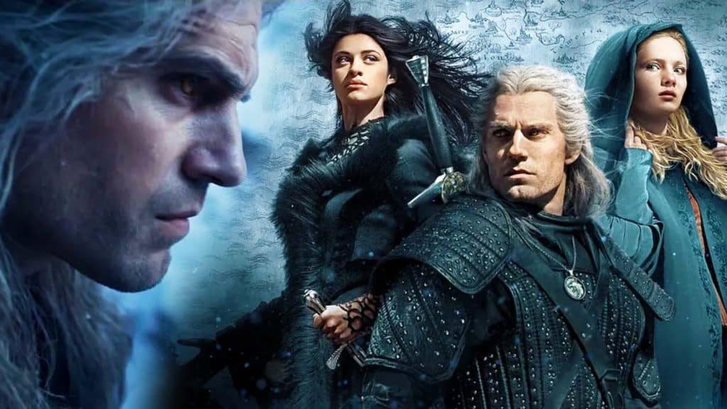 Geralt, Yennefer, and Ciri in The Witcher artwork