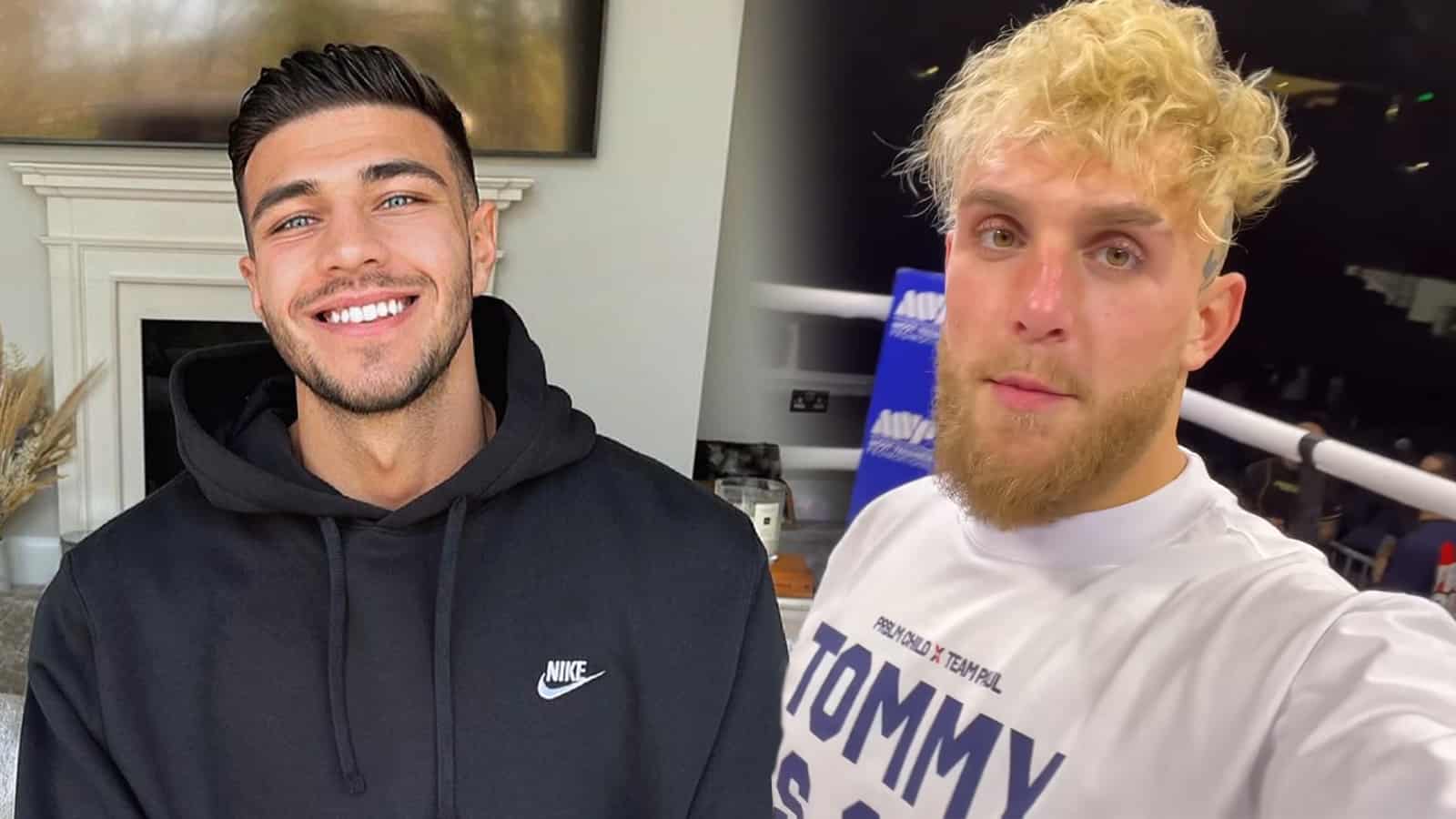 Tommy Fury smiling next to Jake Paul in boxing ring
