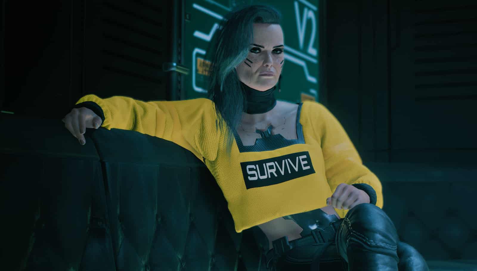 cyberpunk 2077 rogue sits on a chair in the afterlife