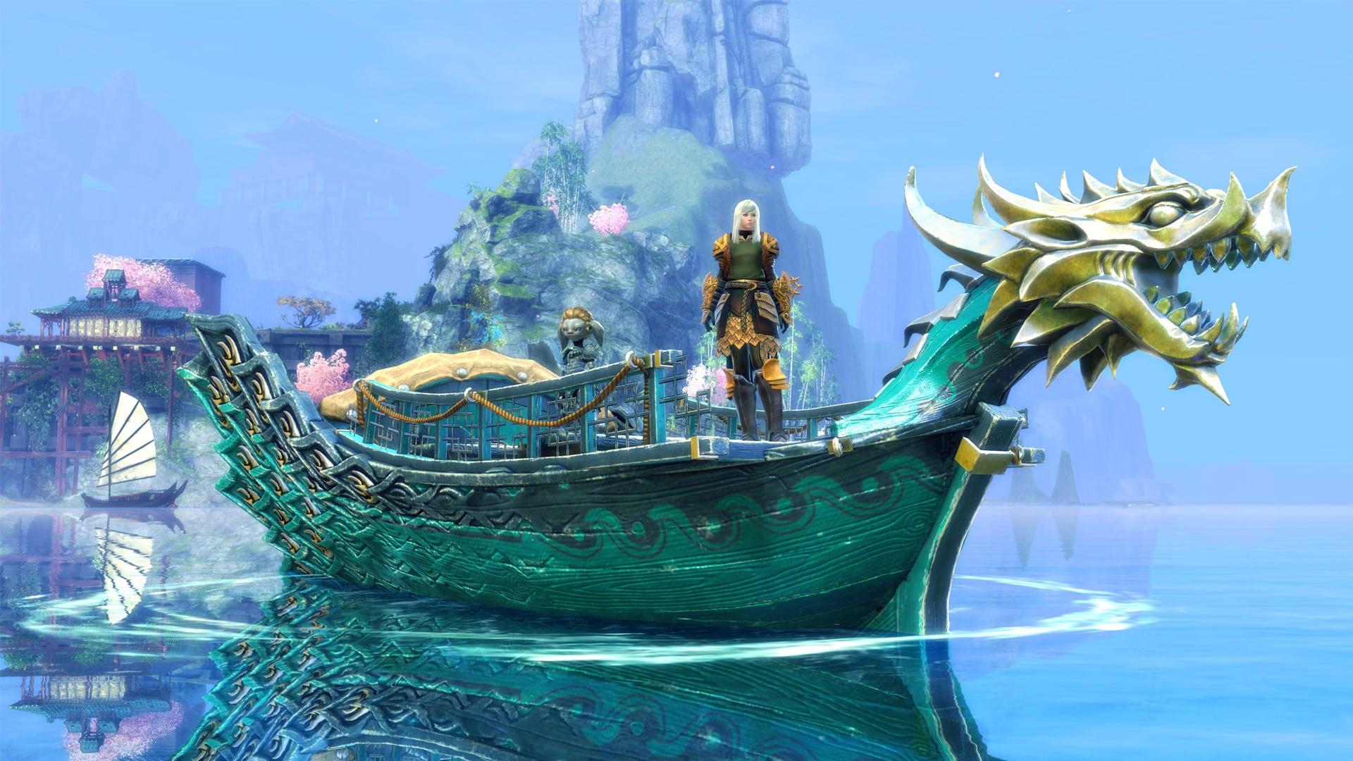 guild wars 2 end of dragons character fishing on a skiff