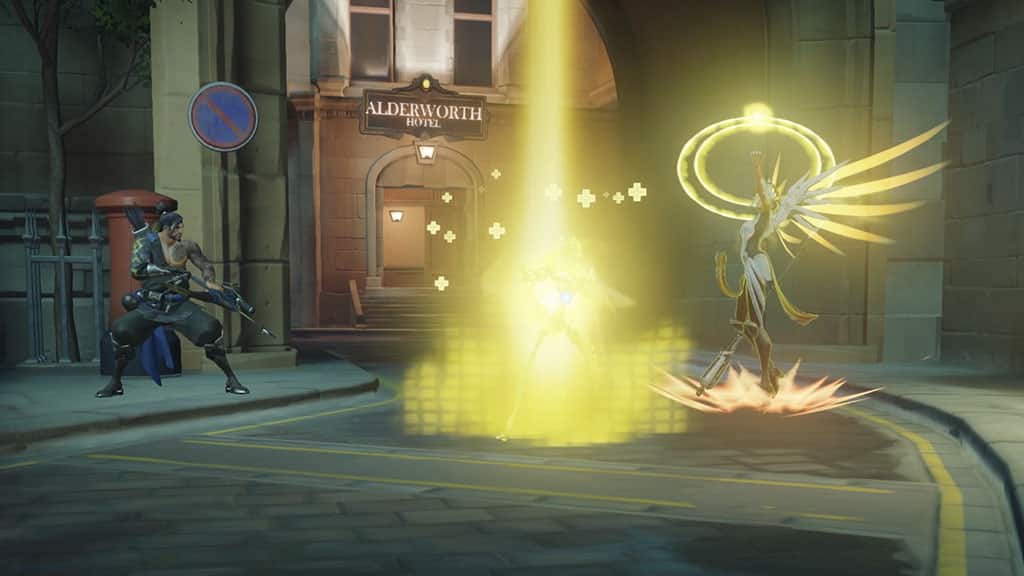 overwatch mercy performing resurrect ability on hanzo on king's row