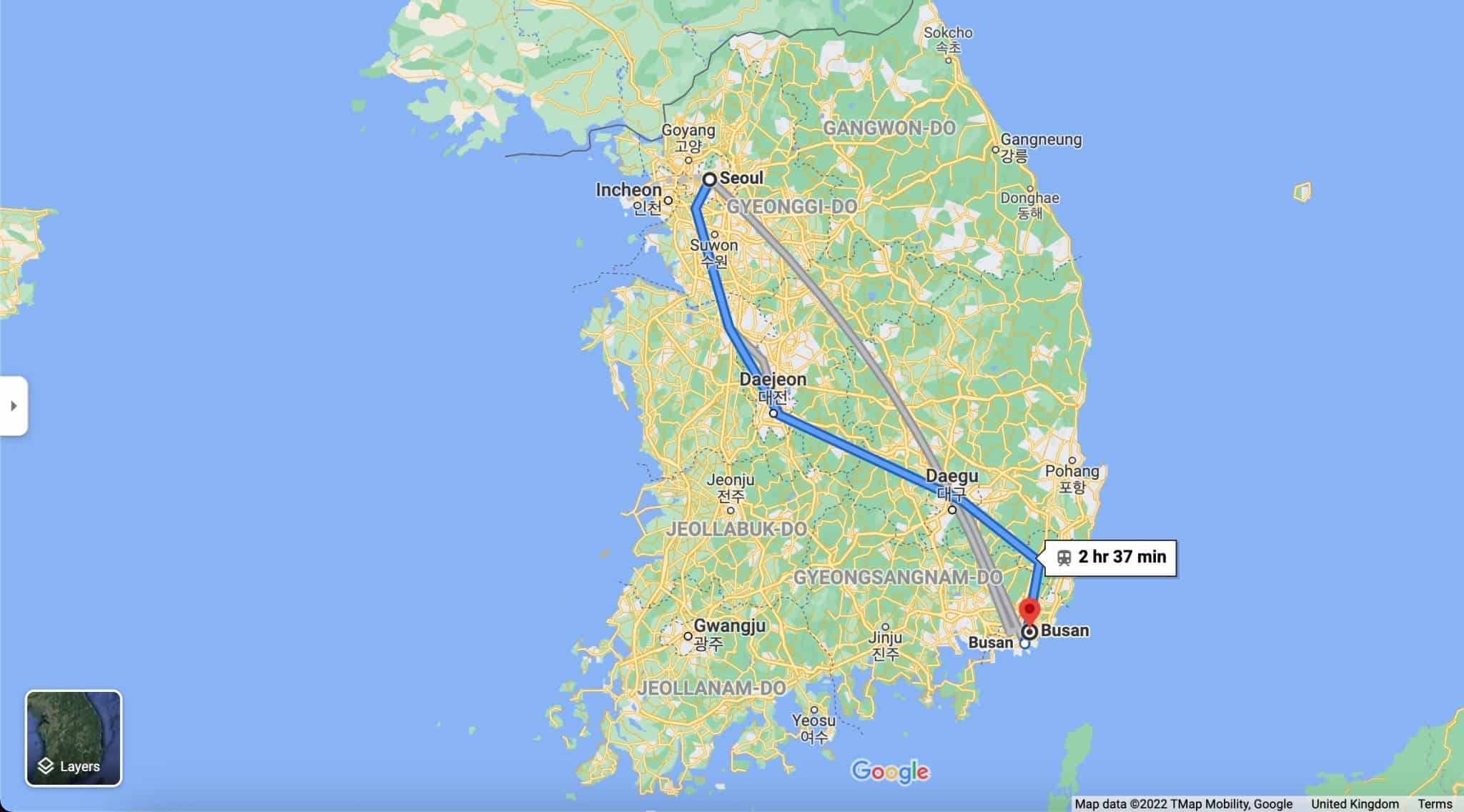 seoul to busan journey on google maps