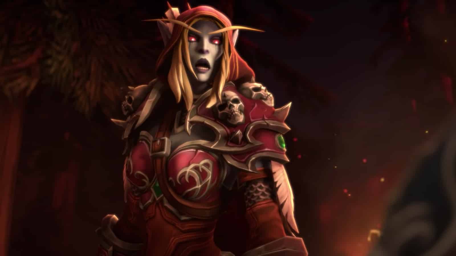 wow shadowlands eternity's end sylvanas windrunner stands against burning tree