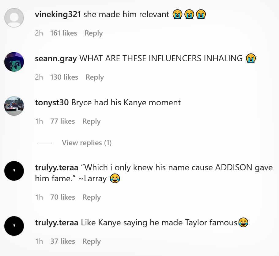 Bryce Addison Instagram comments