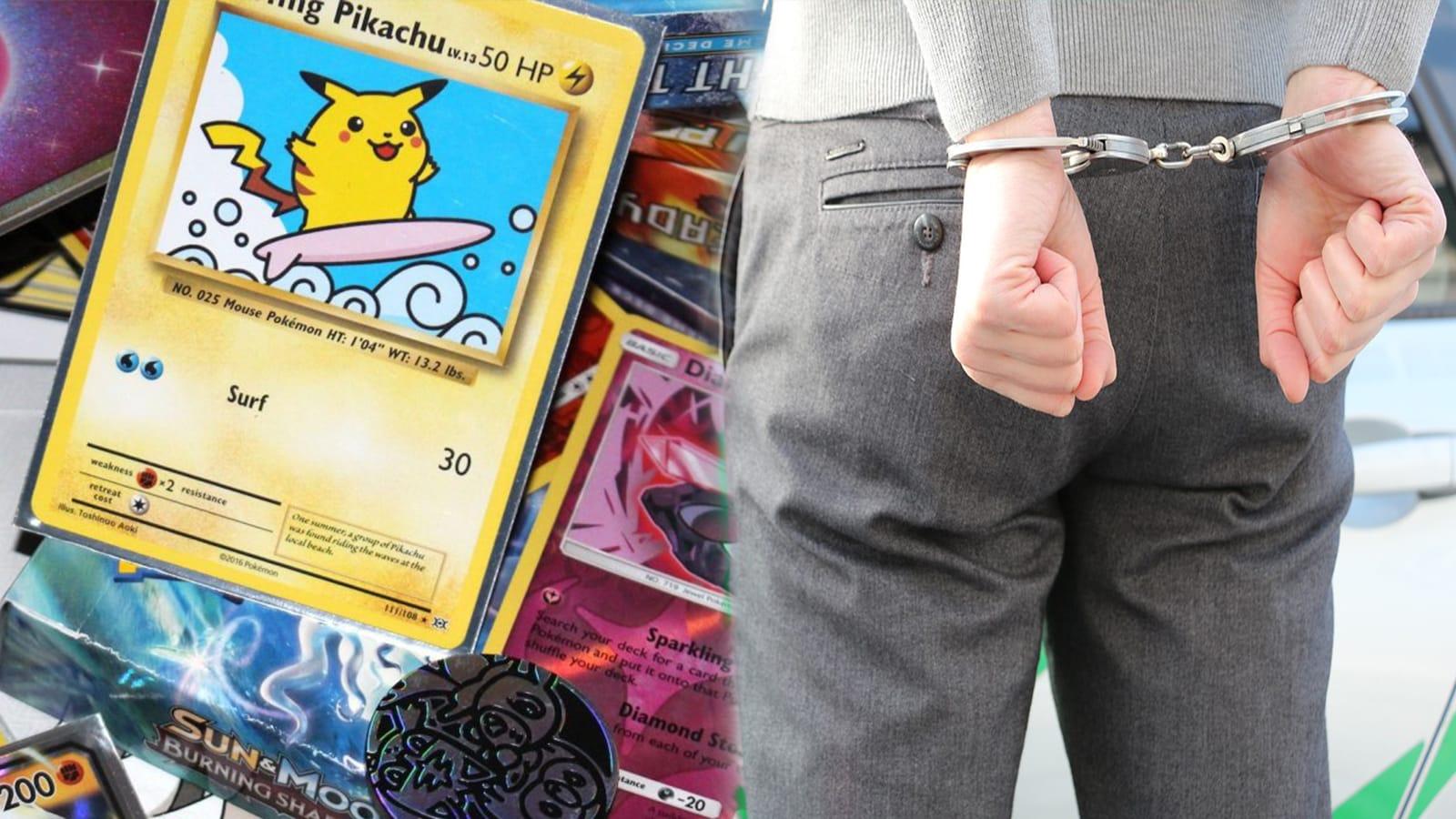 Pokemon cards next to man being arrested in handcuffs