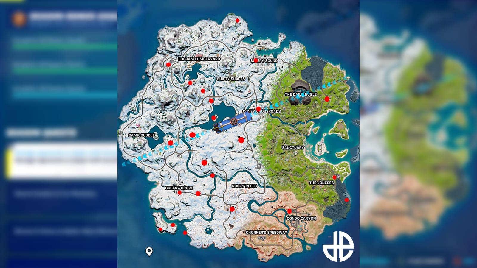 A map of Gas Cans in Fortnite.