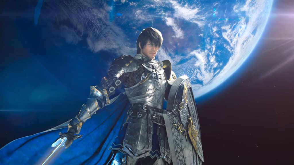 FFXIV character with large sword in shining armor stands in front of earth