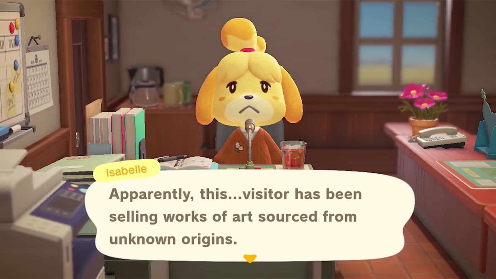 Isabelle talking about Jolly Redd's fake art in Animal Crossing New Horizons