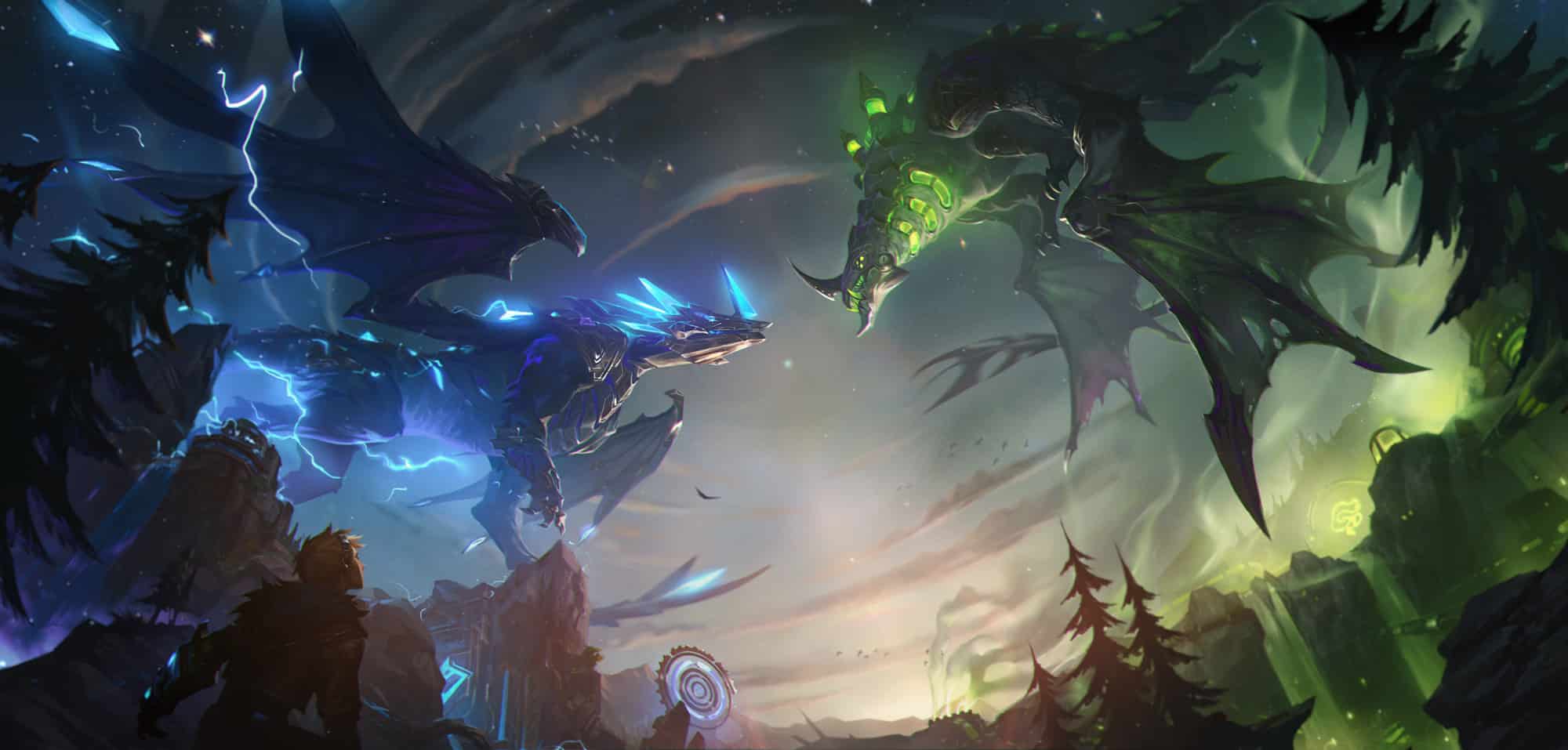 Hextech and Chemtech Dragon fighting in League of Legends