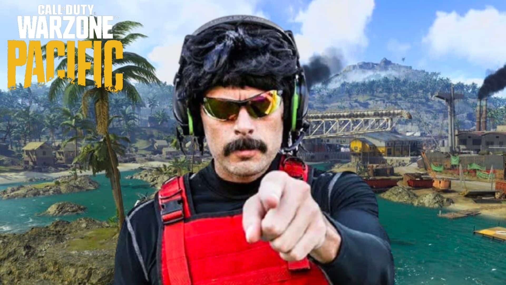 Dr Disrespect pointing against Warzone Caldera map and logo