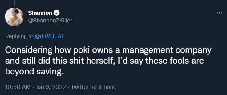 ShannonZKiller tweets about Pokimane being banned for watching Avatar on stream