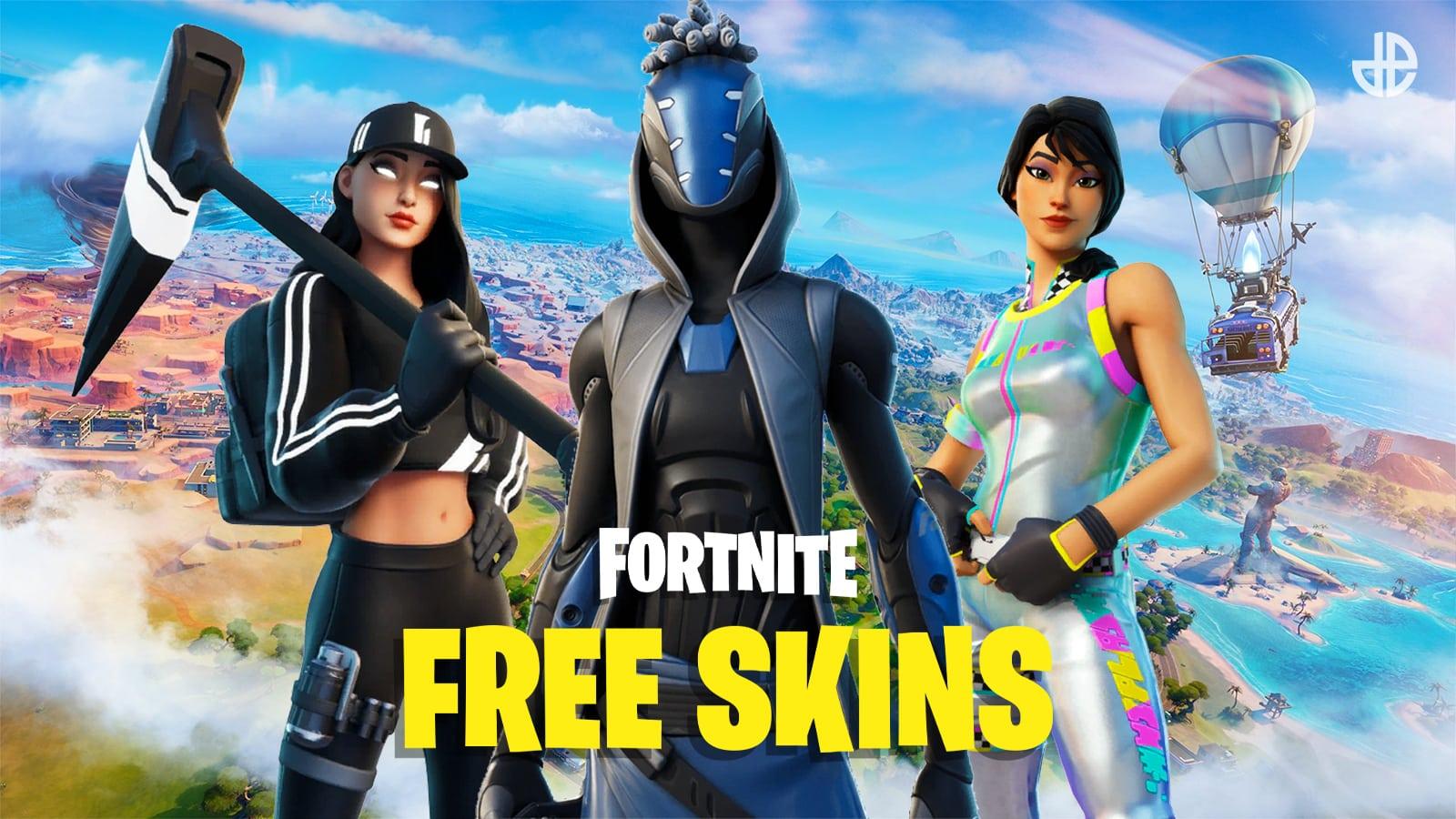Three Fortnite characters alongside the text 'Free Fortnite Skins'