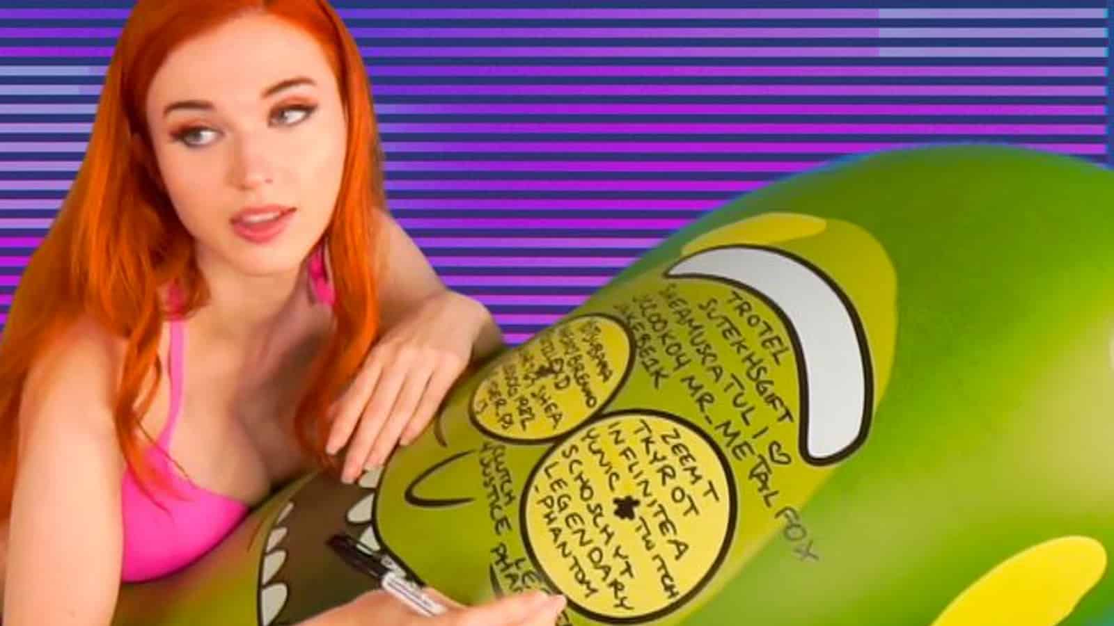 amouranth on pickle rick inflatable pool toy
