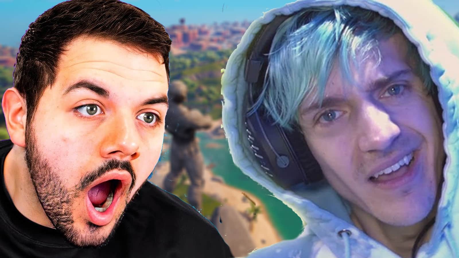 courage and ninja with blurred image of fortnite map in background