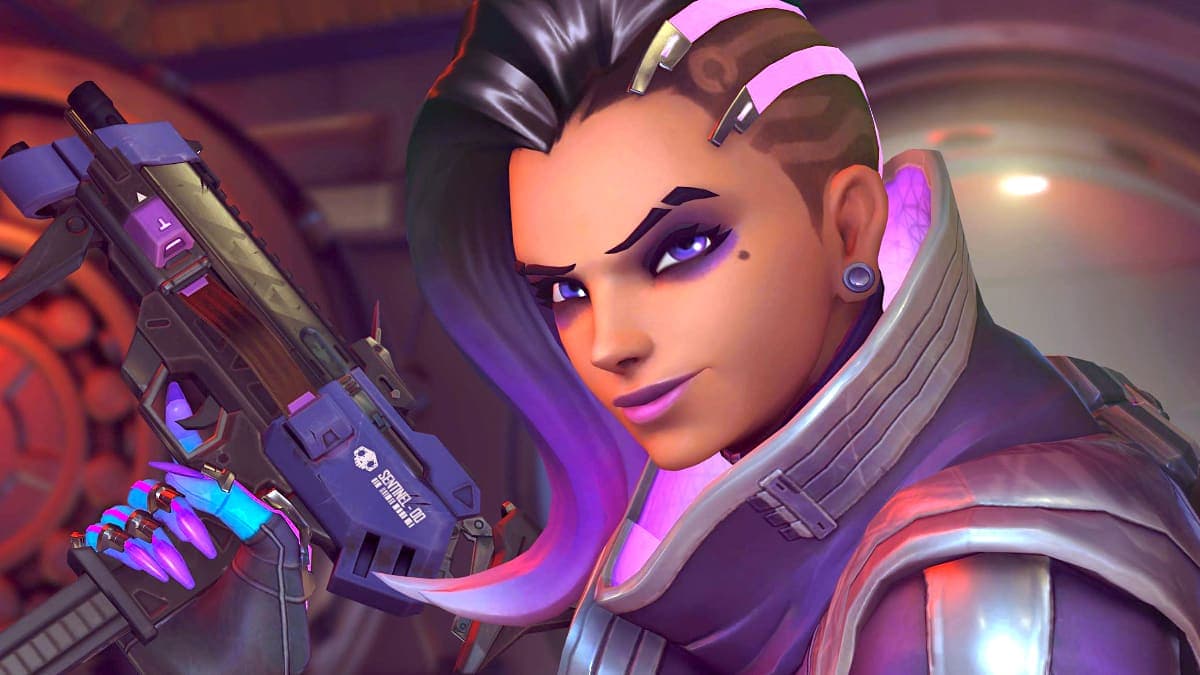 overwatch sombra with gun stares past camera
