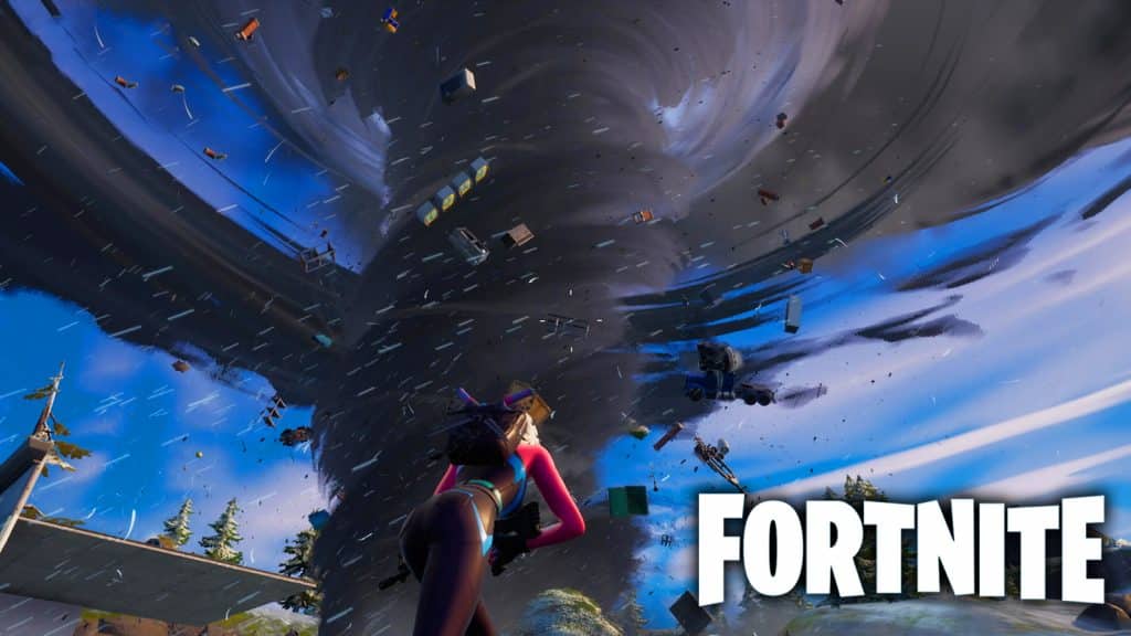 An image of Fortnite with a tornado.