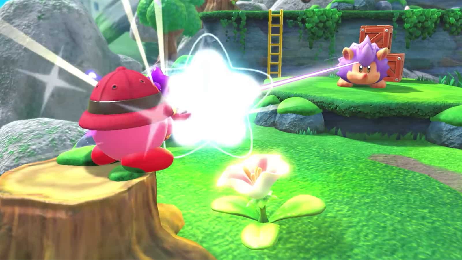 Kirby showing off his new Ranger ability in Forgotten Land
